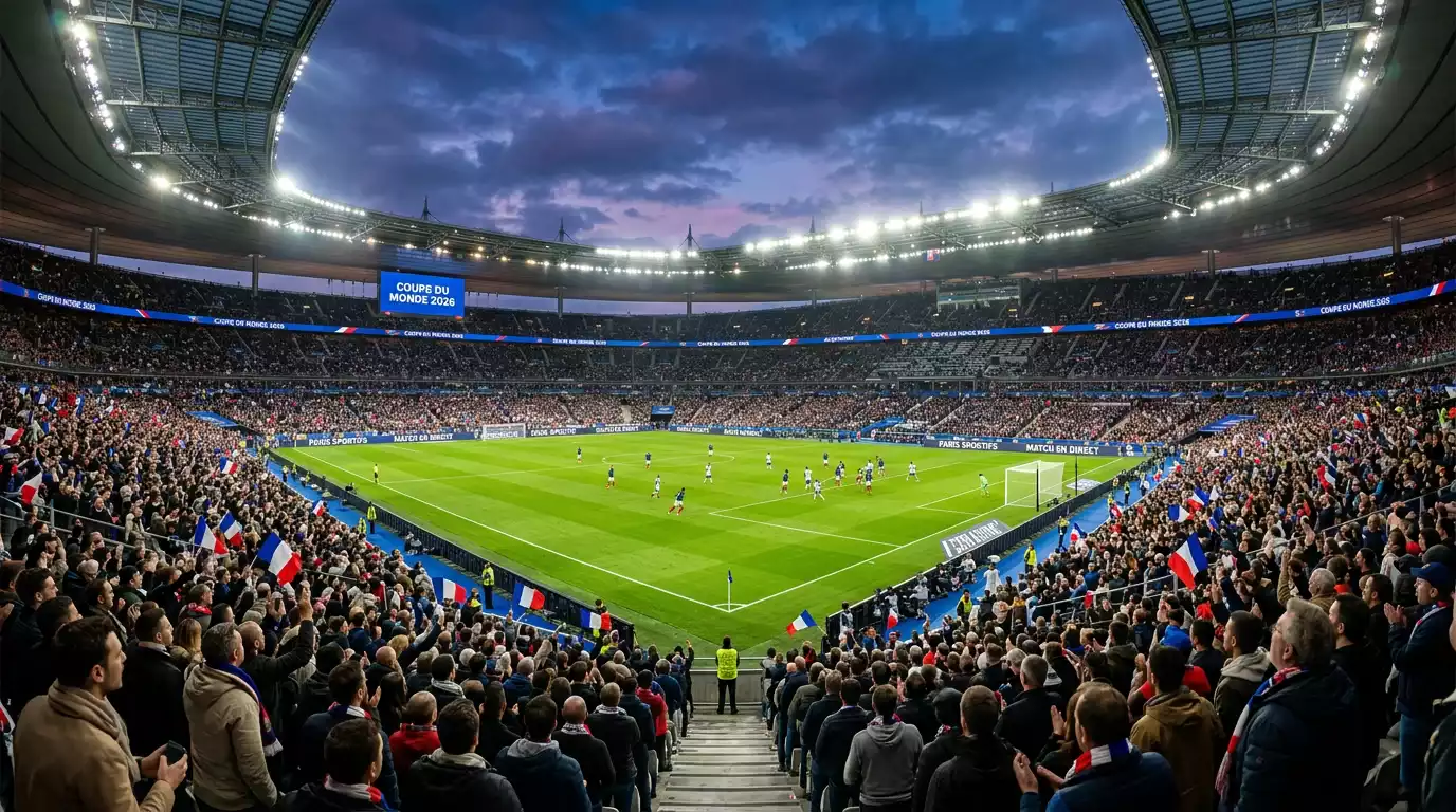 Stade de football rempli de supporters pendant un match de la Coupe du Monde
