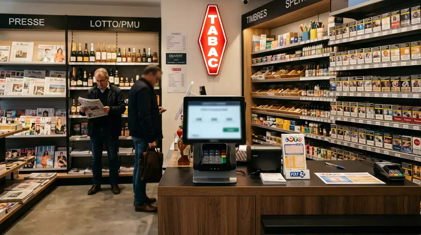 Intérieur d'un bureau de tabac français avec terminal de paiement pour cartes prépayées