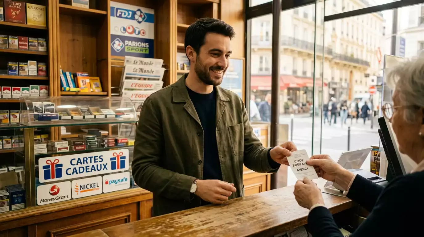 Achat d'un code prépayé Paysafecard dans un bureau de tabac en France